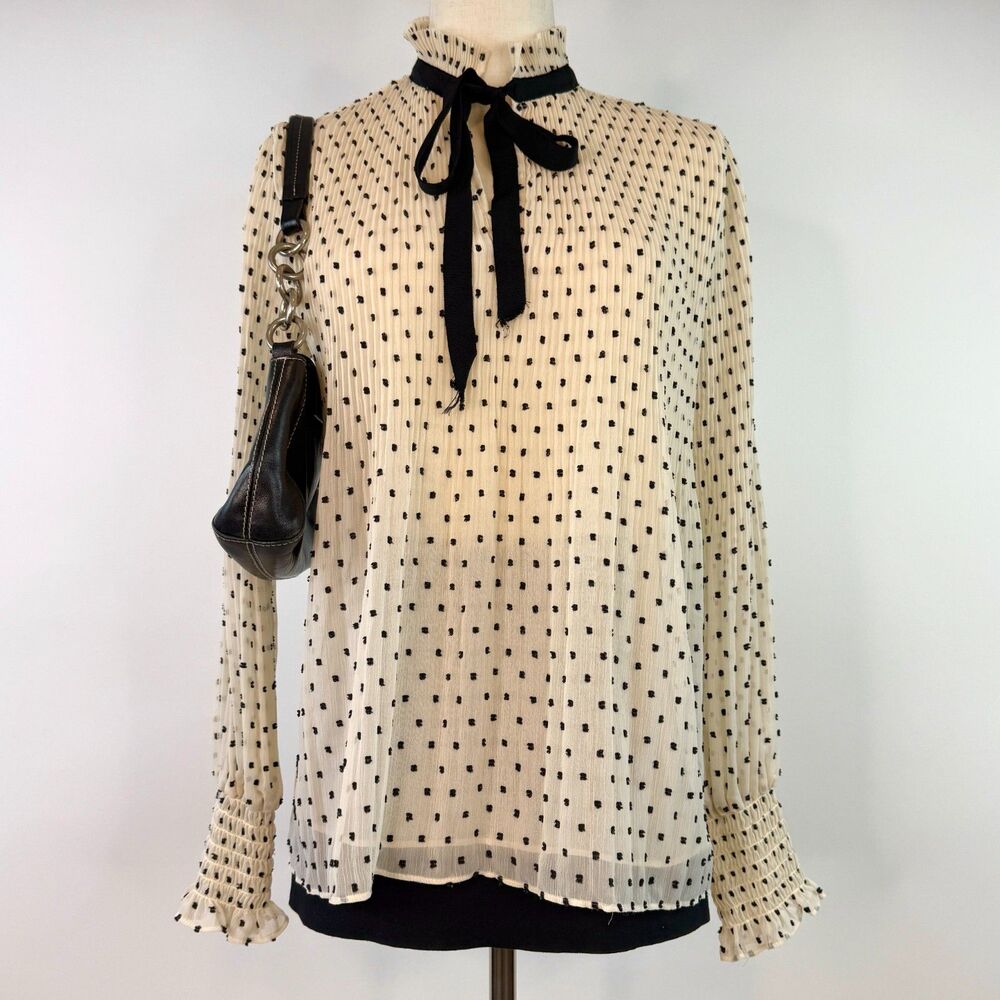 Max Studios Polk a Dot Pleated Neck-Tie Peasant Blouse Coquette Romantic Size S